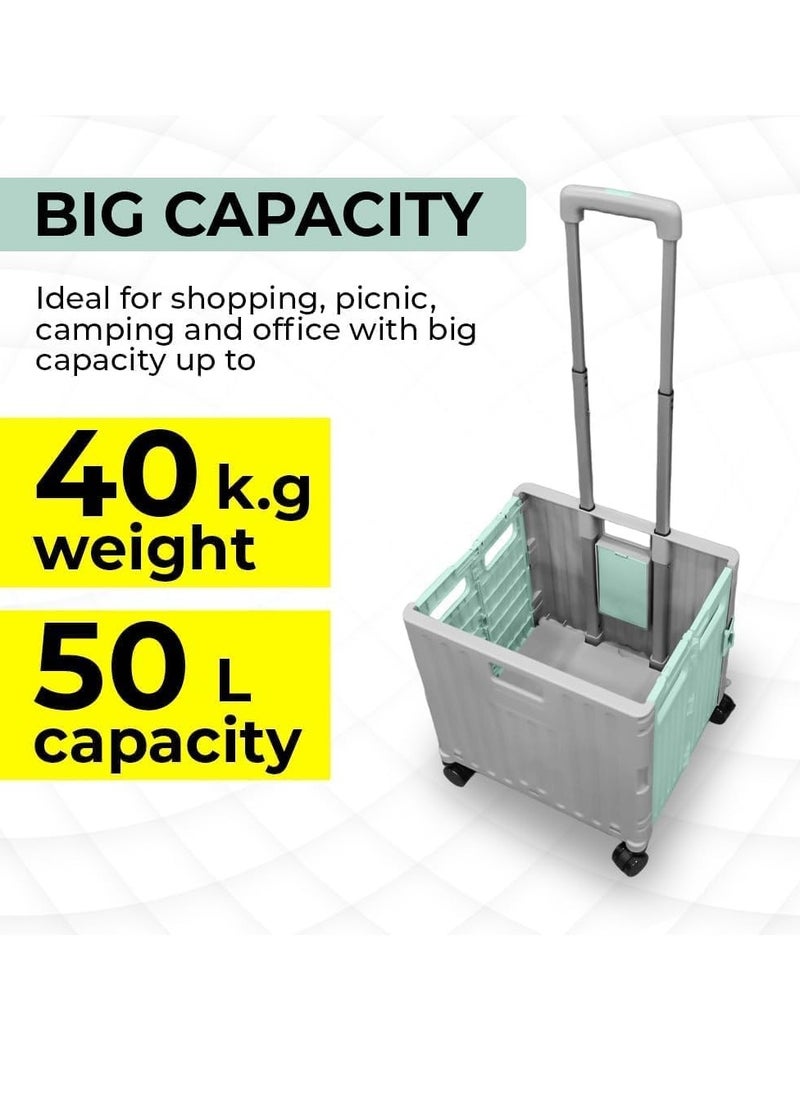 BERRY 50L Foldable Utility Cart - Portable Rolling Crate with Lid, 40KG Collapsible Basket and Detachable 4 Wheels | Multipurpose Shopping Trolley for Camping, Moving, and Shopping (Mint Green & Grey)