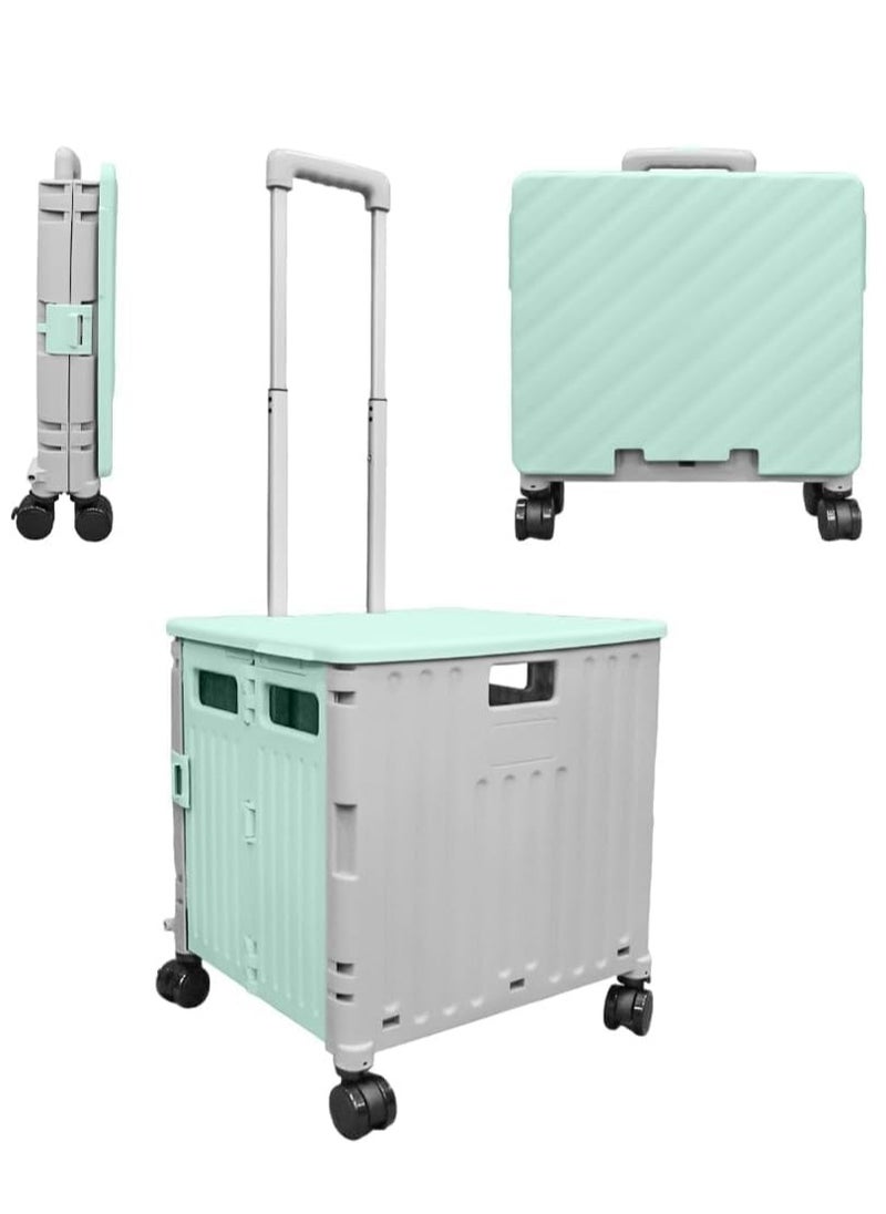 BERRY 50L Foldable Utility Cart - Portable Rolling Crate with Lid, 40KG Collapsible Basket and Detachable 4 Wheels | Multipurpose Shopping Trolley for Camping, Moving, and Shopping (Mint Green & Grey)