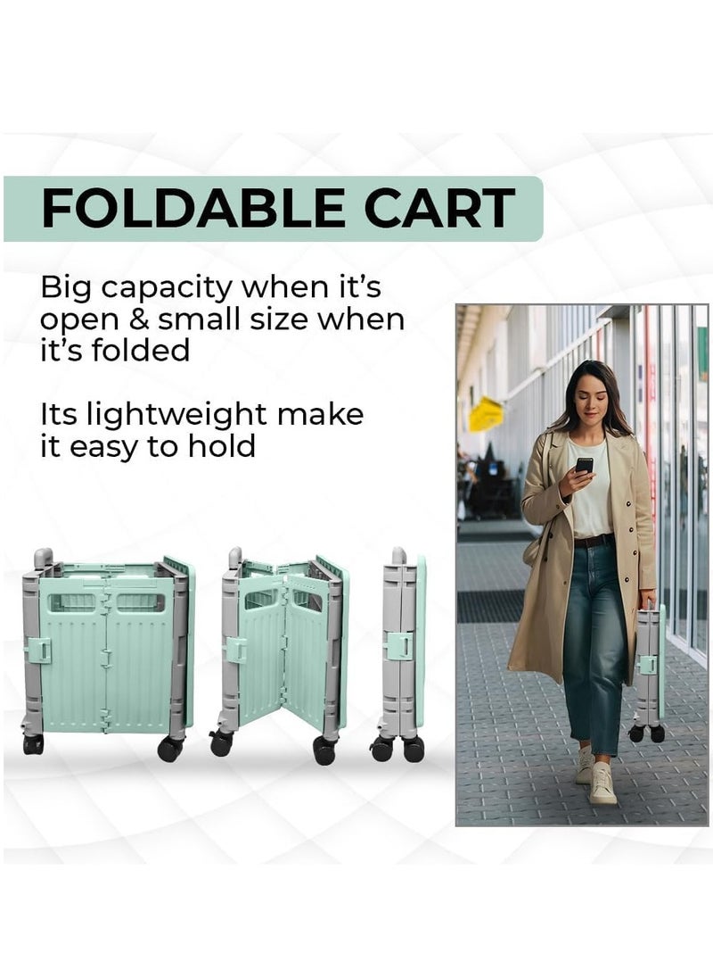 BERRY 50L Foldable Utility Cart - Portable Rolling Crate with Lid, 40KG Collapsible Basket and Detachable 4 Wheels | Multipurpose Shopping Trolley for Camping, Moving, and Shopping (Mint Green & Grey)