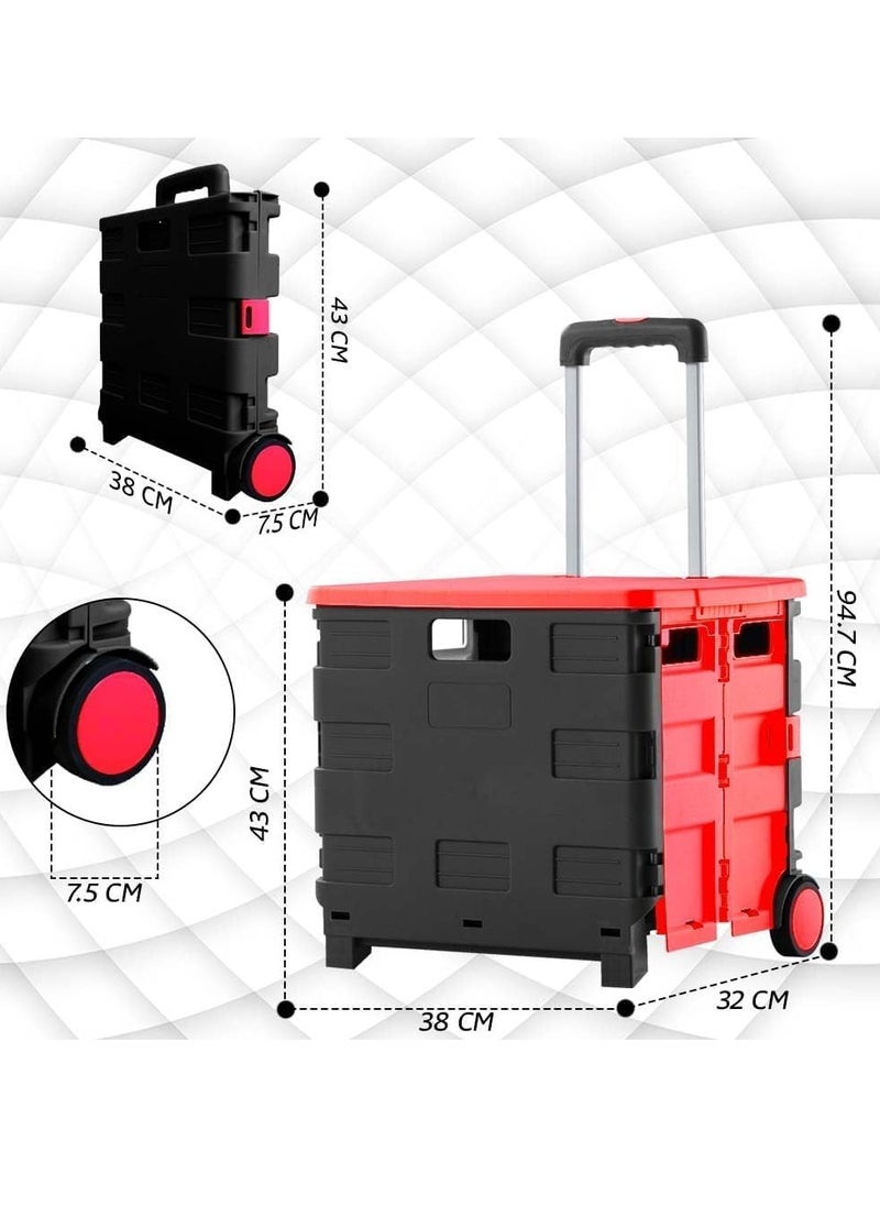 Berry 40KG Foldable Shopping Trolley - Red & Black Plastic Utility Cart with Lid, 2 Wheels & Telescopic Handle - Portable Multipurpose Cart for Shopping, Teachers, Groceries, Travel & More