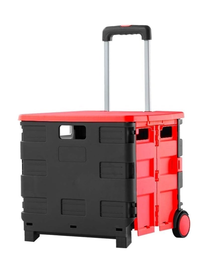 Berry 40KG Foldable Shopping Trolley - Red & Black Plastic Utility Cart with Lid, 2 Wheels & Telescopic Handle - Portable Multipurpose Cart for Shopping, Teachers, Groceries, Travel & More