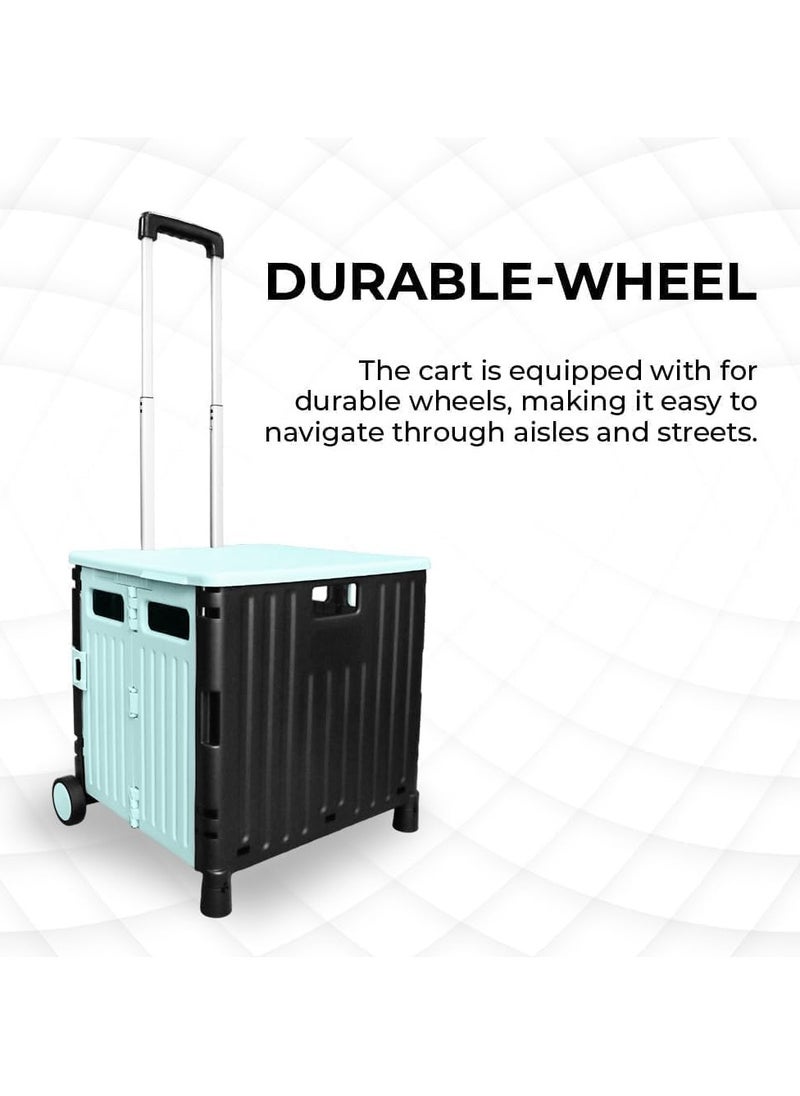 BERRY 50L Foldable Utility Cart - Portable Rolling Crate with Lid, 40KG Collapsible Basket on 2 Wheels | Multipurpose Shopping Trolley for Camping, Moving, and Shopping (Mint Green & Black)