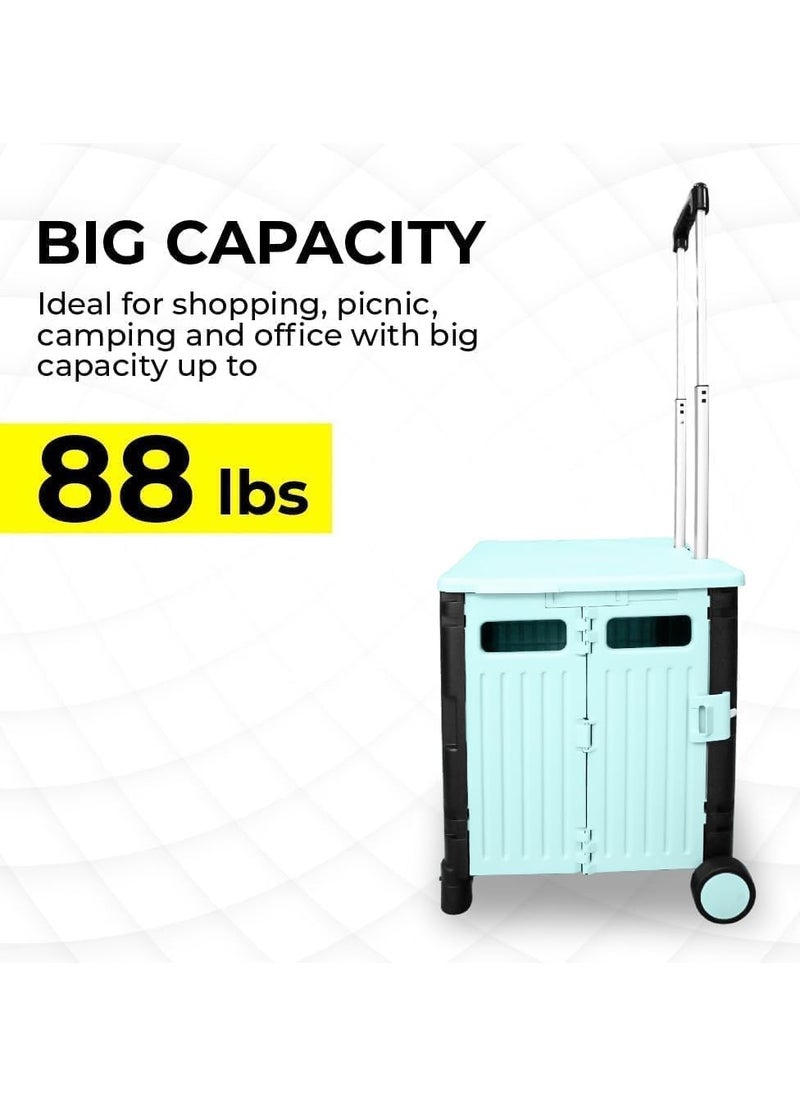 BERRY 50L Foldable Utility Cart - Portable Rolling Crate with Lid, 40KG Collapsible Basket on 2 Wheels | Multipurpose Shopping Trolley for Camping, Moving, and Shopping (Mint Green & Black)