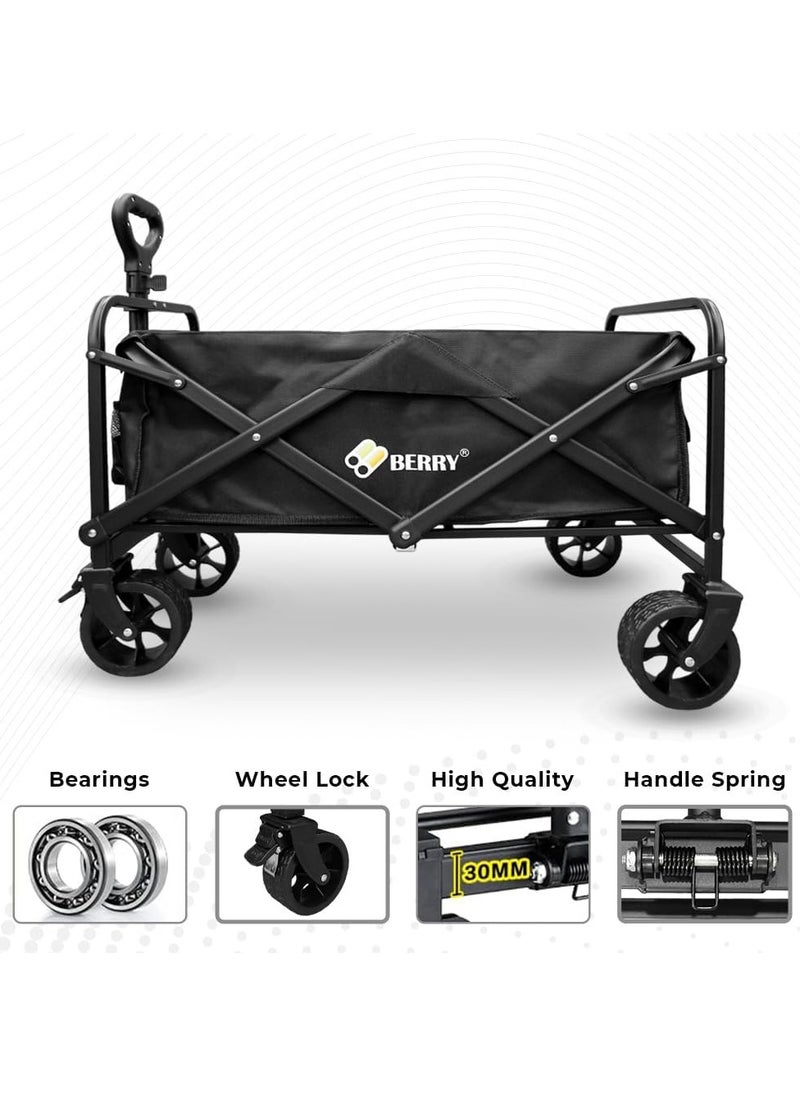 Berry 100KG Garden Trolley - Collapsible Utility Transport Cart with Wheels, Perfect for Shopping, Camping, Festivals, and Beach Trips (Black)