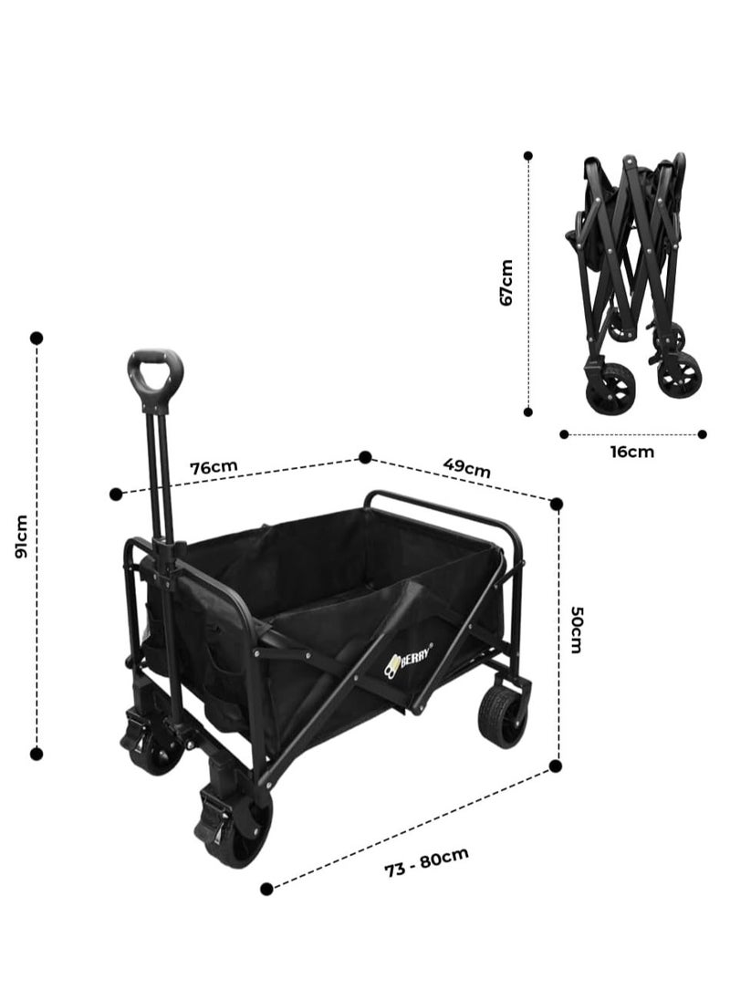 Berry 100KG Garden Trolley - Collapsible Utility Transport Cart with Wheels, Perfect for Shopping, Camping, Festivals, and Beach Trips (Black)