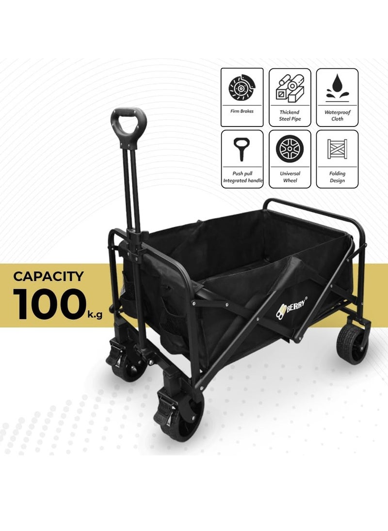 Berry 100KG Garden Trolley - Collapsible Utility Transport Cart with Wheels, Perfect for Shopping, Camping, Festivals, and Beach Trips (Black)