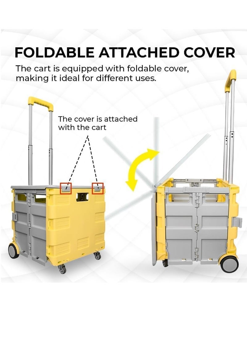 Berry 40KG Foldable Shopping Trolley Cart - Portable 4-Wheel Plastic Utility Cart with Lid and Telescopic Handle, Ideal for Shopping and Teachers (Yellow & Grey)