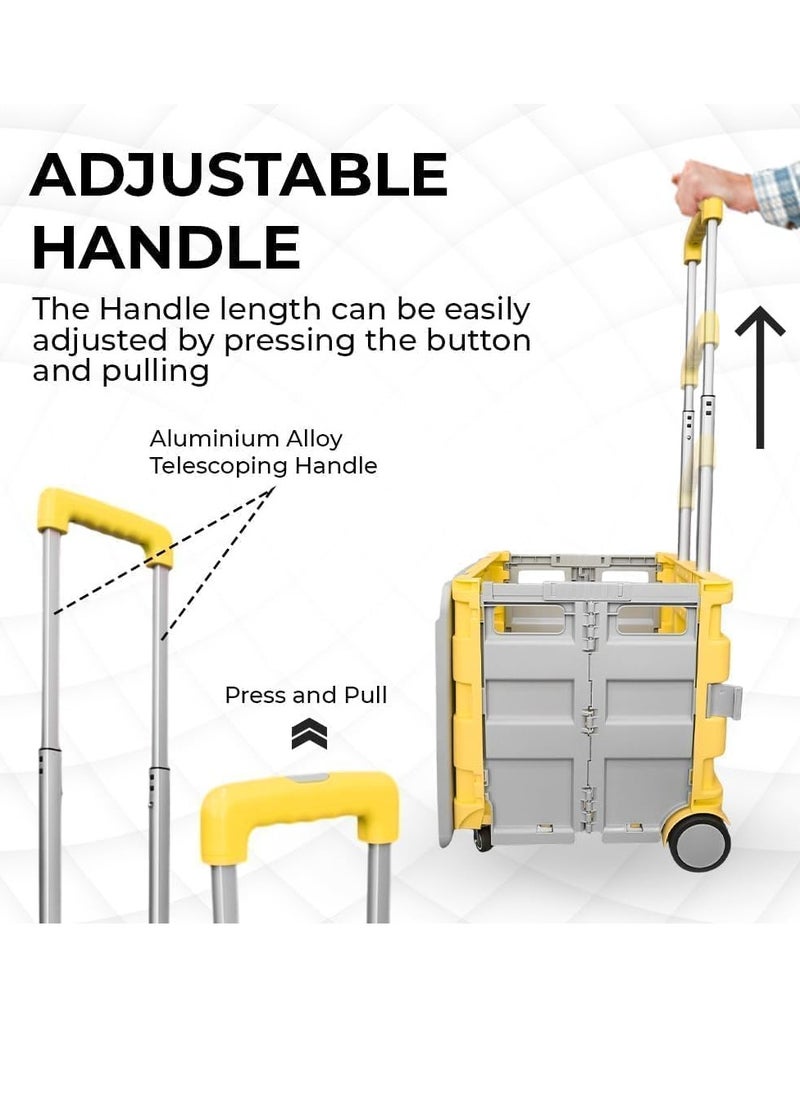 Berry 40KG Foldable Shopping Trolley Cart - Portable 4-Wheel Plastic Utility Cart with Lid and Telescopic Handle, Ideal for Shopping and Teachers (Yellow & Grey)