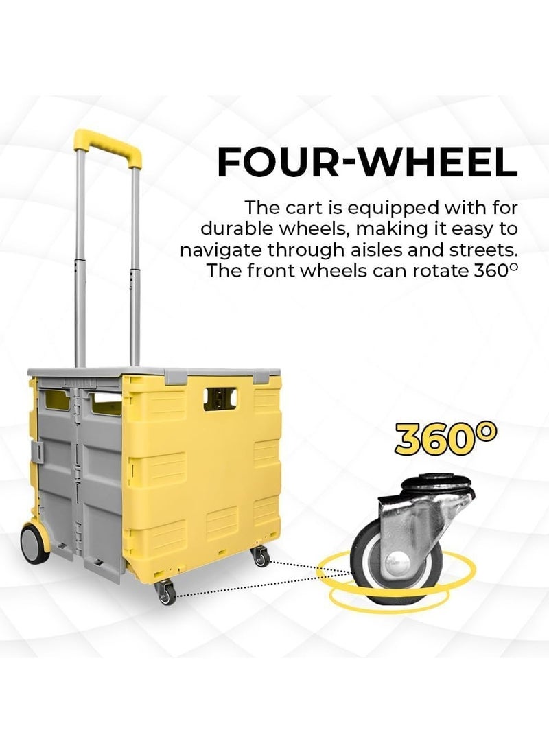 Berry 40KG Foldable Shopping Trolley Cart - Portable 4-Wheel Plastic Utility Cart with Lid and Telescopic Handle, Ideal for Shopping and Teachers (Yellow & Grey)