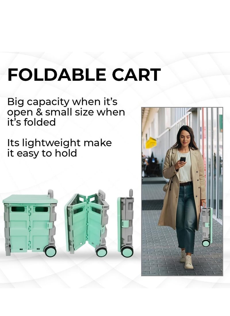 BERRY 40KG Foldable Shopping Trolley - Plastic Cart with 2 Wheels and Lid, Portable Design with Telescopic Handle | Multipurpose Utility Cart for Shopping and Teachers (Mint Green & Grey)