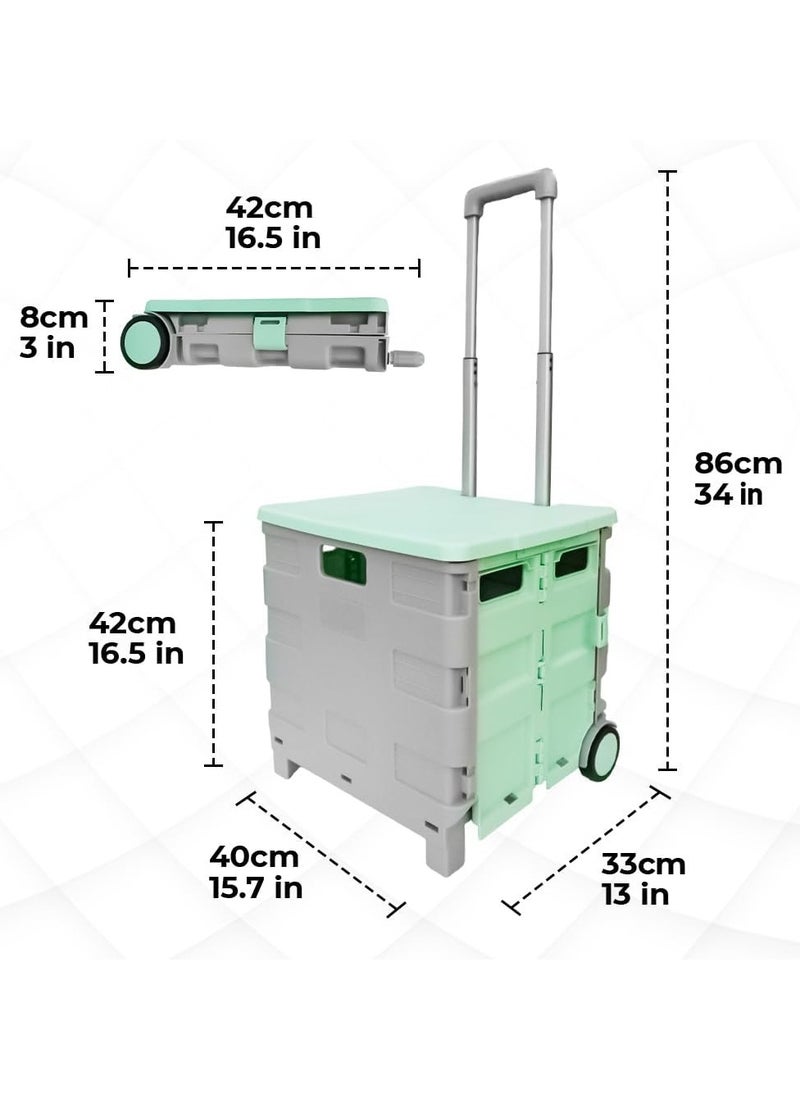 BERRY 40KG Foldable Shopping Trolley - Plastic Cart with 2 Wheels and Lid, Portable Design with Telescopic Handle | Multipurpose Utility Cart for Shopping and Teachers (Mint Green & Grey)