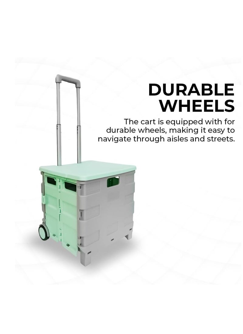 BERRY 40KG Foldable Shopping Trolley - Plastic Cart with 2 Wheels and Lid, Portable Design with Telescopic Handle | Multipurpose Utility Cart for Shopping and Teachers (Mint Green & Grey)