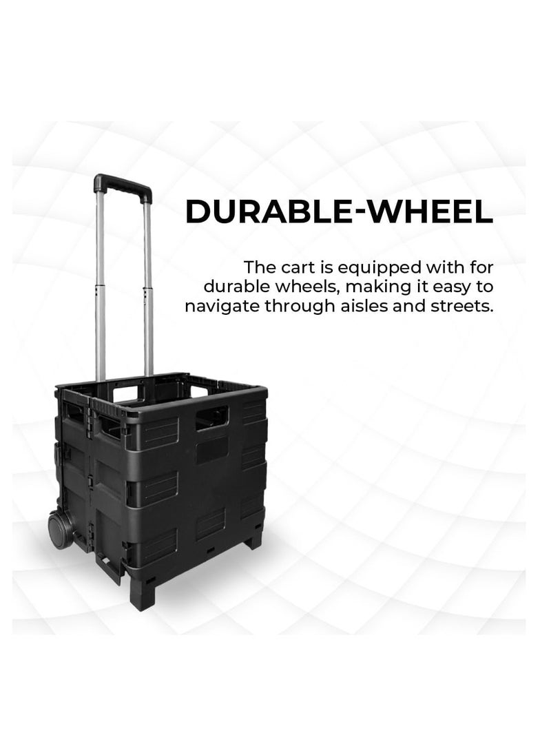 BERRY 40L Foldable Shopping Trolley - Black Plastic Cart with 2 Wheels, Portable Design and Telescopic Handle | Multipurpose Utility Cart for Shopping, Teachers, Laundry, and More