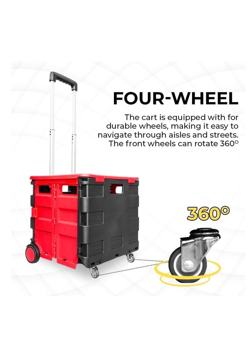 Berry 40KG Foldable Shopping Trolley Cart - Portable 4-Wheel Plastic Utility Cart with Lid and Telescopic Handle, Ideal for Shopping and Teachers (Red & Black)