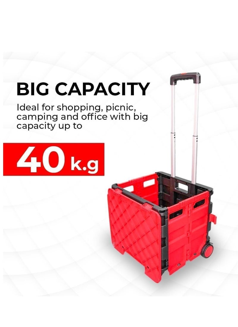 Berry 40KG Foldable Shopping Trolley Cart - Portable 4-Wheel Plastic Utility Cart with Lid and Telescopic Handle, Ideal for Shopping and Teachers (Red & Black)