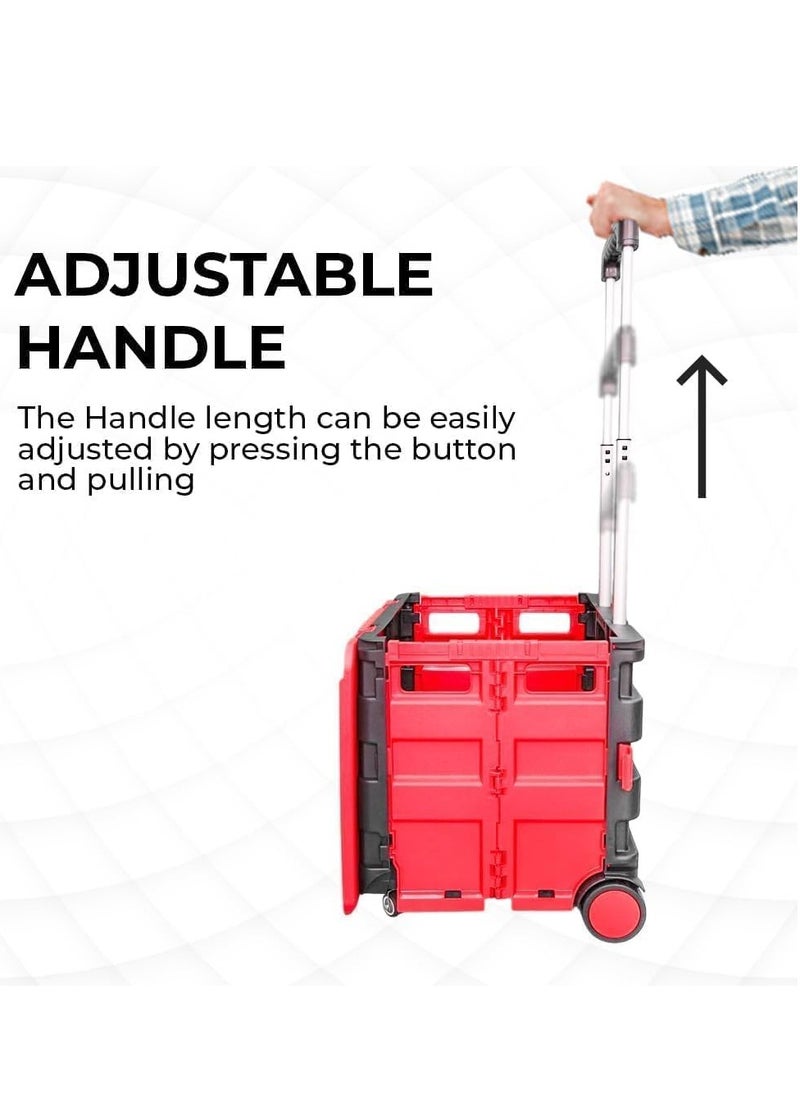 Berry 40KG Foldable Shopping Trolley Cart - Portable 4-Wheel Plastic Utility Cart with Lid and Telescopic Handle, Ideal for Shopping and Teachers (Red & Black)