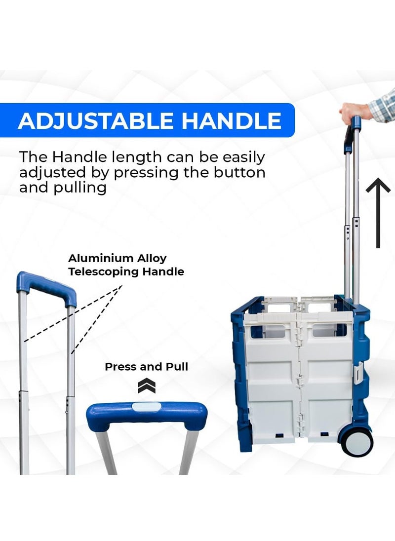 Berry 40KG Foldable Shopping Trolley | Portable Plastic Trolley Cart with Lid | 2-Wheel Utility Cart with Telescopic Handle | Multipurpose for Shopping, Teachers, and More (Blue & White)