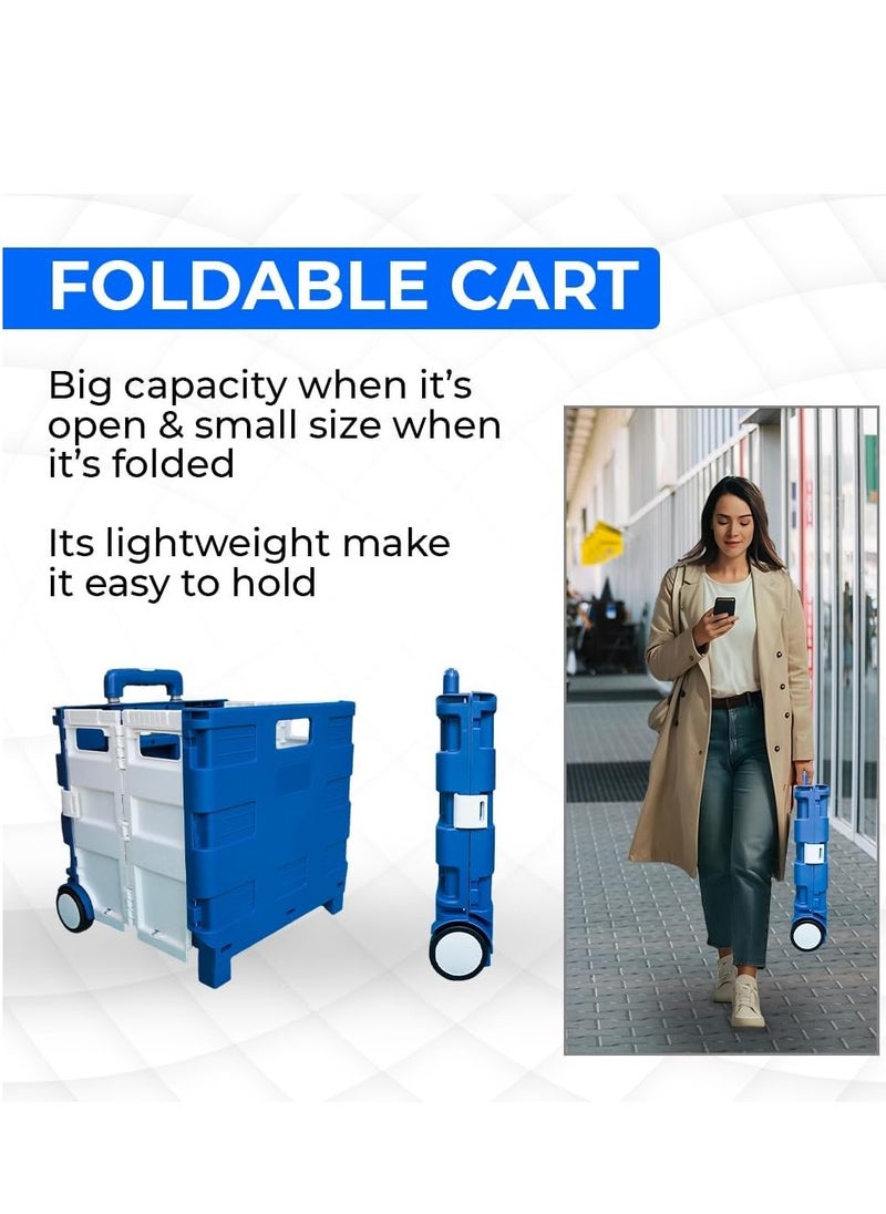 Berry 40KG Foldable Shopping Trolley | Portable Plastic Trolley Cart with Lid | 2-Wheel Utility Cart with Telescopic Handle | Multipurpose for Shopping, Teachers, and More (Blue & White)