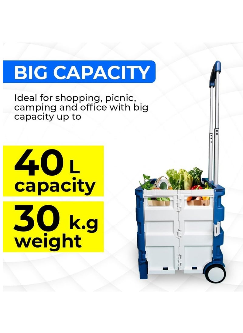 Berry 40KG Foldable Shopping Trolley | Portable Plastic Trolley Cart with Lid | 2-Wheel Utility Cart with Telescopic Handle | Multipurpose for Shopping, Teachers, and More (Blue & White)