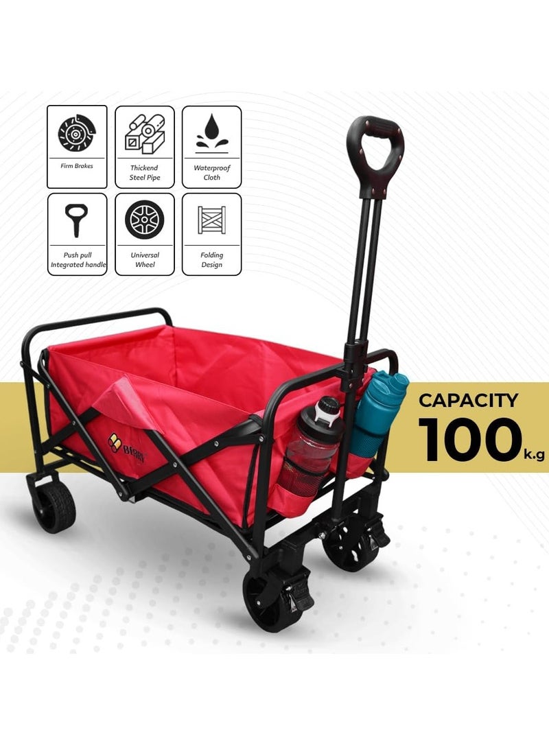 Berry 100KG Collapsible Garden Trolley - Utility Transport Cart with Wheels, Perfect for Shopping, Camping, Festivals, and Beach Trips (Red)