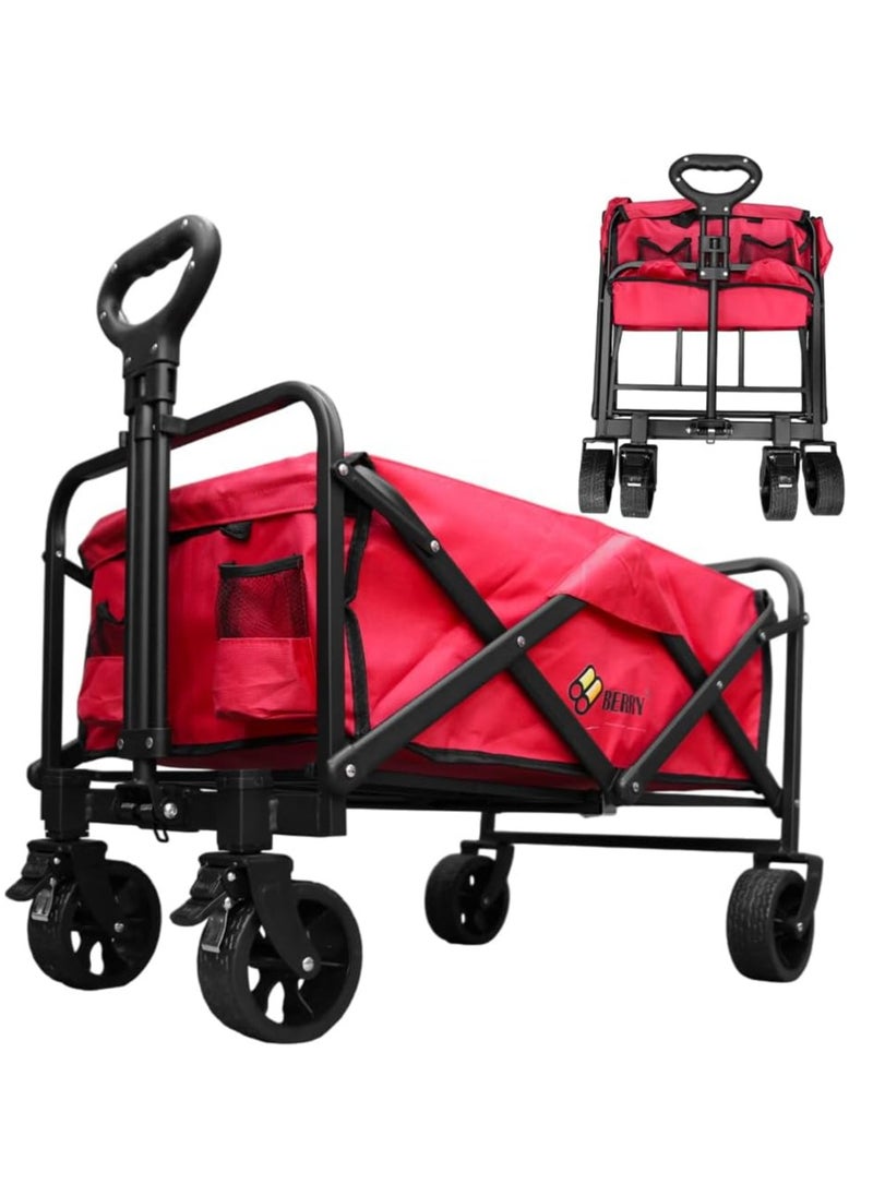 Berry 100KG Collapsible Garden Trolley - Utility Transport Cart with Wheels, Perfect for Shopping, Camping, Festivals, and Beach Trips (Red)