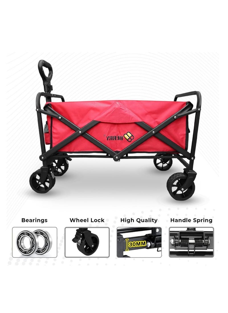 Berry 100KG Collapsible Garden Trolley - Utility Transport Cart with Wheels, Perfect for Shopping, Camping, Festivals, and Beach Trips (Red)