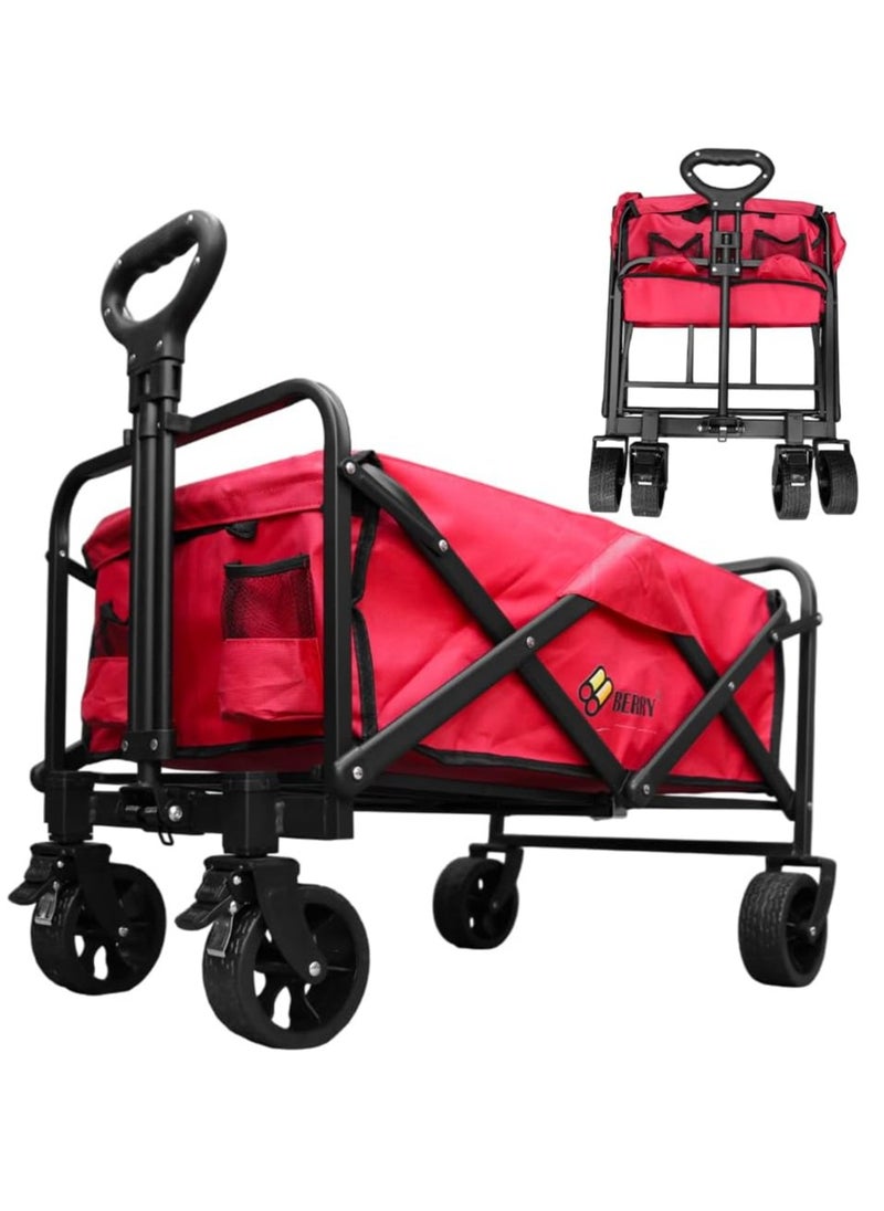 Berry 100KG Collapsible Garden Trolley - Utility Transport Cart with Wheels, Perfect for Shopping, Camping, Festivals, and Beach Trips (Red)