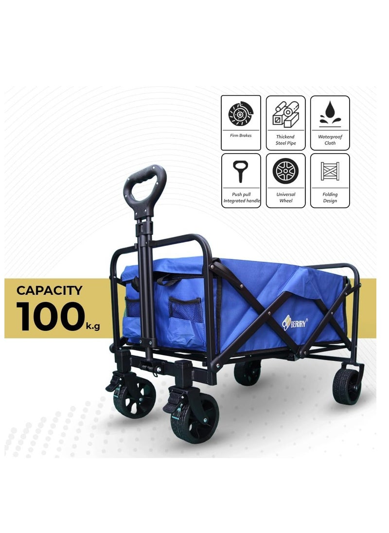 Berry 100KG Collapsible Garden Trolley - Utility Transport Cart with Wheels, Ideal for Shopping, Camping, Festivals, and Beach Trips (Blue)