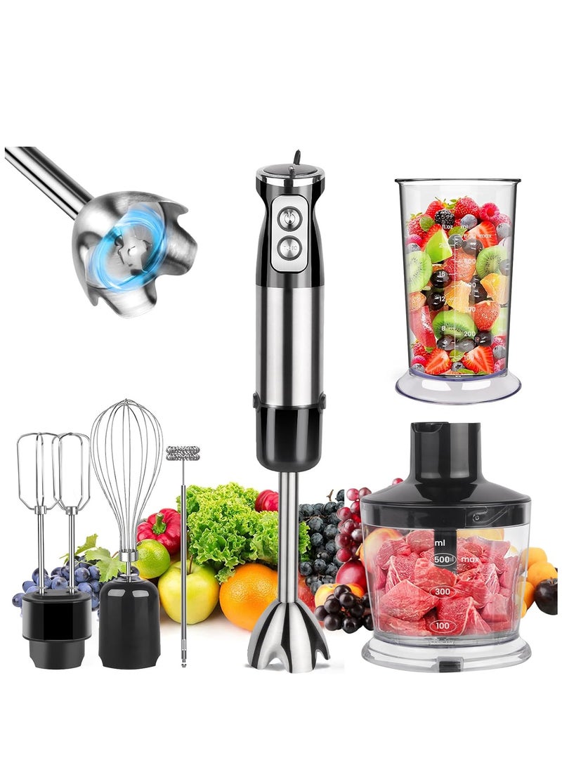 6 in 1 Hand Blender, 800W Electric Immersion Blender, 12-Speed Stainless Steel Hand Stick Blender with Egg Whisk, Milk Frother, 500ml Chopper Bowl,600ml Food Processor for Smoothies, Puree, Baby Food