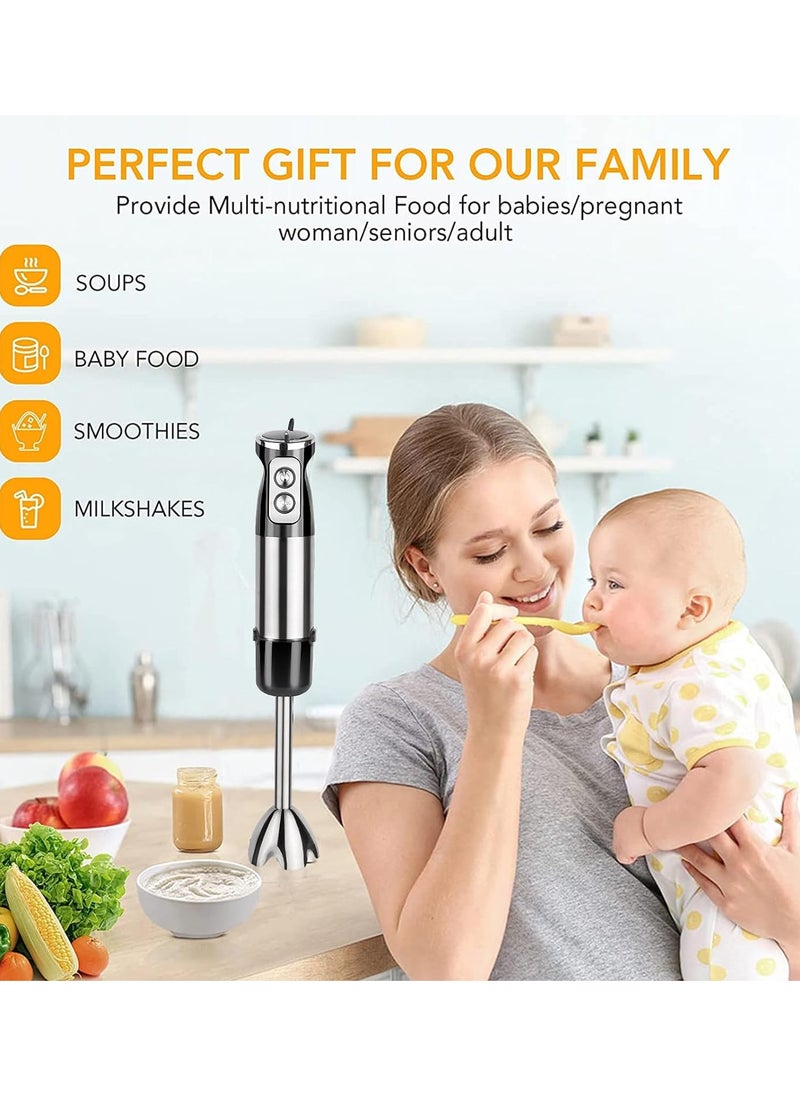 6 in 1 Hand Blender, 800W Electric Immersion Blender, 12-Speed Stainless Steel Hand Stick Blender with Egg Whisk, Milk Frother, 500ml Chopper Bowl,600ml Food Processor for Smoothies, Puree, Baby Food