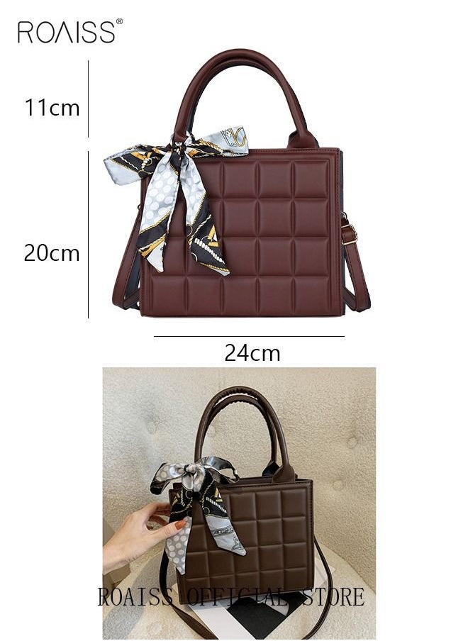 Solid Geo Embossed Ribbon Decoration Square Bag Womens Minimalist Textured Satchel Bag Stitch Detail Top Zip Closure Handbag Messenger Bag