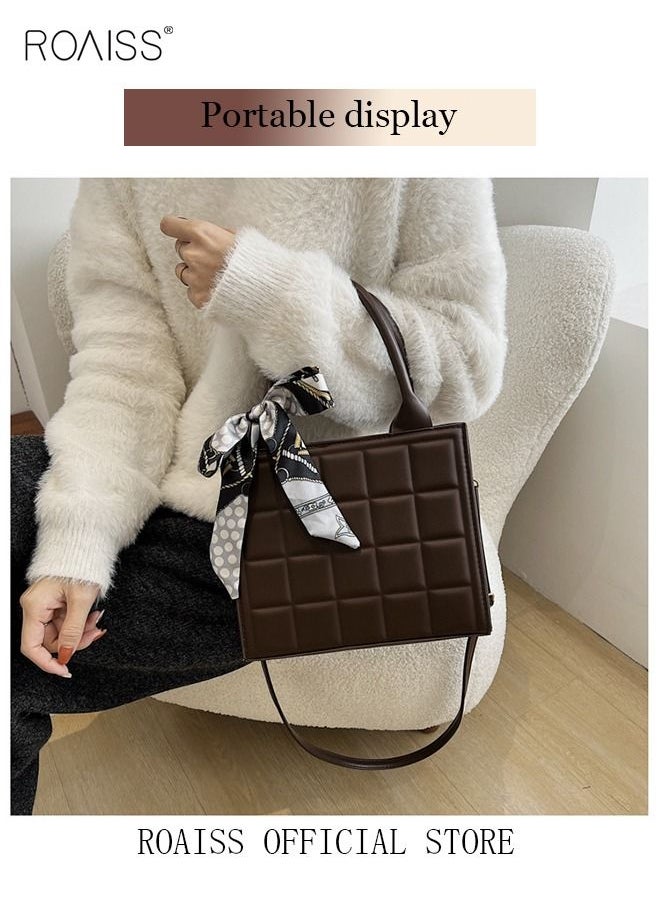 Solid Geo Embossed Ribbon Decoration Square Bag Womens Minimalist Textured Satchel Bag Stitch Detail Top Zip Closure Handbag Messenger Bag