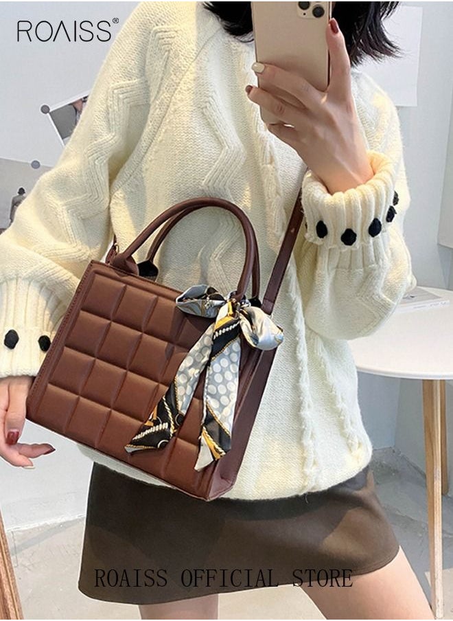 Solid Geo Embossed Ribbon Decoration Square Bag Womens Minimalist Textured Satchel Bag Stitch Detail Top Zip Closure Handbag Messenger Bag