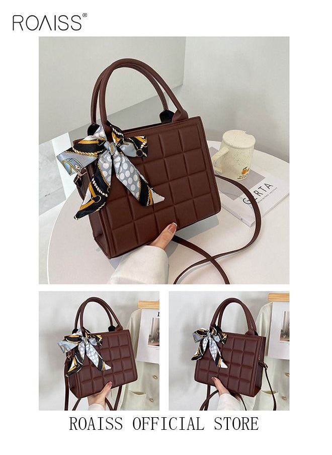 Solid Geo Embossed Ribbon Decoration Square Bag Womens Minimalist Textured Satchel Bag Stitch Detail Top Zip Closure Handbag Messenger Bag