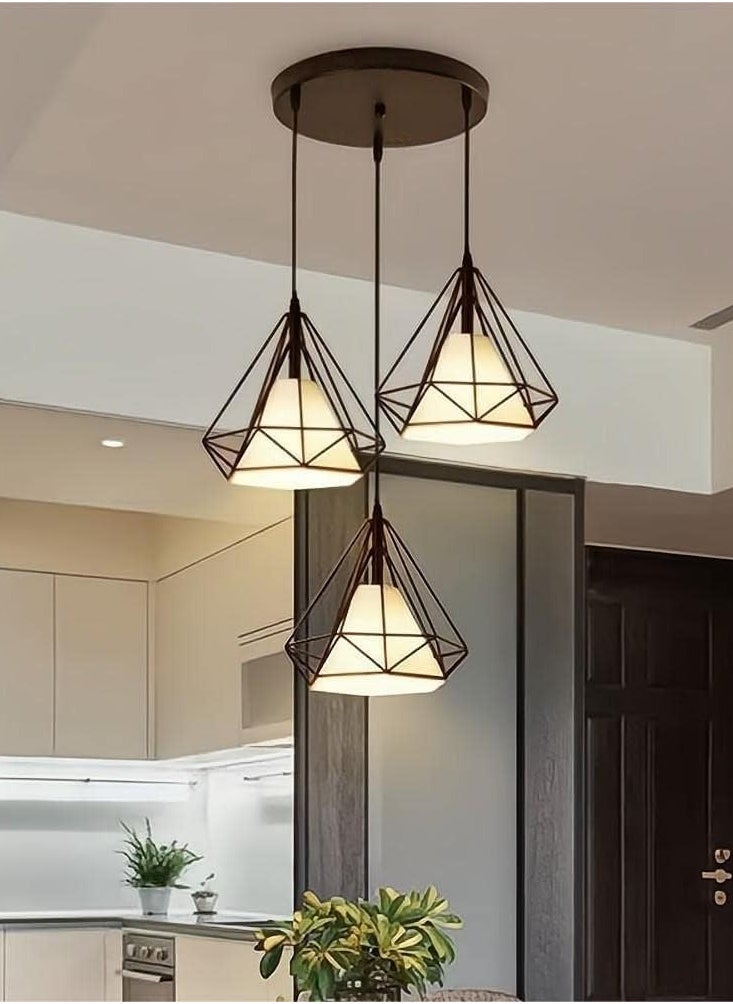 SUPER POWER 3-Light Industrial Pendant Light Fixture Modern Black Farmhouse Hanging Lamp Adjustable Height Diamond Shape Ceiling Light for Kitchen Island Dining Room Living Room Bedroom