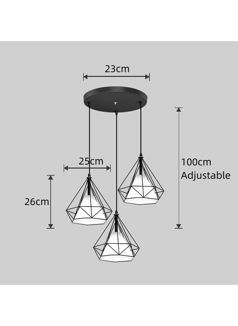 SUPER POWER 3-Light Industrial Pendant Light Fixture Modern Black Farmhouse Hanging Lamp Adjustable Height Diamond Shape Ceiling Light for Kitchen Island Dining Room Living Room Bedroom