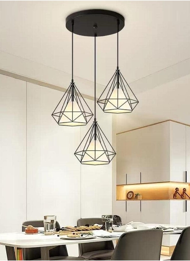 SUPER POWER 3-Light Industrial Pendant Light Fixture Modern Black Farmhouse Hanging Lamp Adjustable Height Diamond Shape Ceiling Light for Kitchen Island Dining Room Living Room Bedroom