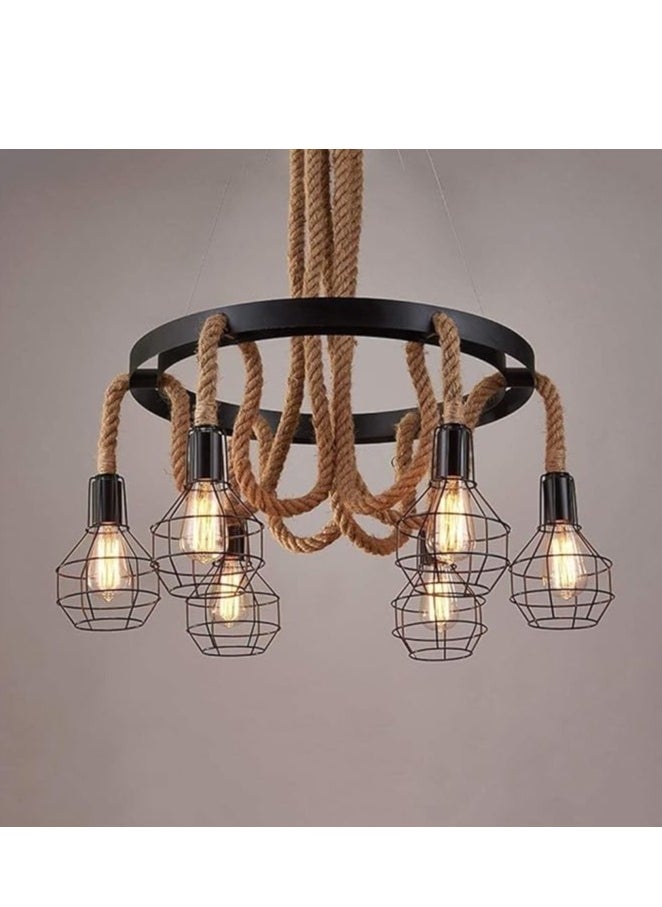 6-Light Industrial Pendant Light,Farmhouse Hemp Rope Chandelier Ceiling Light Fixture,Vintage Iron Cage Hanging Lamp for Kitchen Island Dining Room Living Room Bedroom