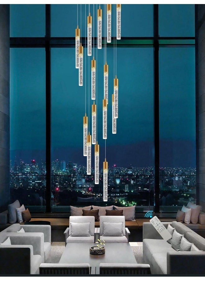 16-Lights Gold Crystal Bubble Column Chandelier 11Feet Staircase Long Crystal Pendant Light High Ceiling Crystal Chandelier Dimmable 2700K-6000K Entrance Foyer Led Lighting