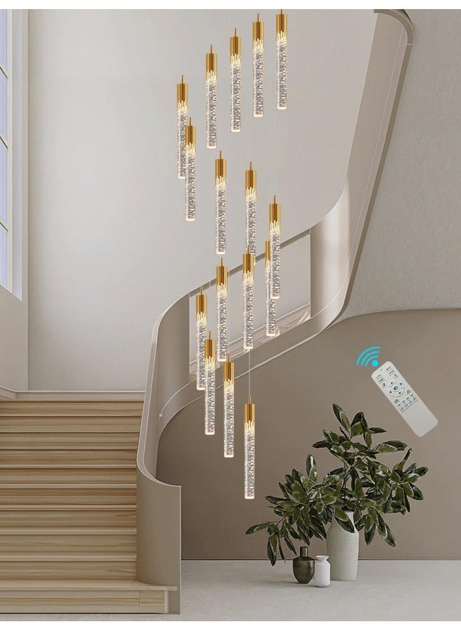 16-Lights Gold Crystal Bubble Column Chandelier 11Feet Staircase Long Crystal Pendant Light High Ceiling Crystal Chandelier Dimmable 2700K-6000K Entrance Foyer Led Lighting