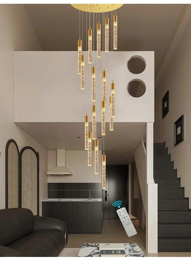 16-Lights Gold Crystal Bubble Column Chandelier 11Feet Staircase Long Crystal Pendant Light High Ceiling Crystal Chandelier Dimmable 2700K-6000K Entrance Foyer Led Lighting