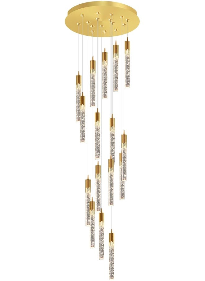 16-Lights Gold Crystal Bubble Column Chandelier 11Feet Staircase Long Crystal Pendant Light High Ceiling Crystal Chandelier Dimmable 2700K-6000K Entrance Foyer Led Lighting