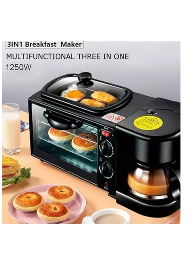 3 in-1 Multifunctional Breakfast Maker: 1250W with Drip Coffee Machine, Oven, and Top Tray for Frying and Warming