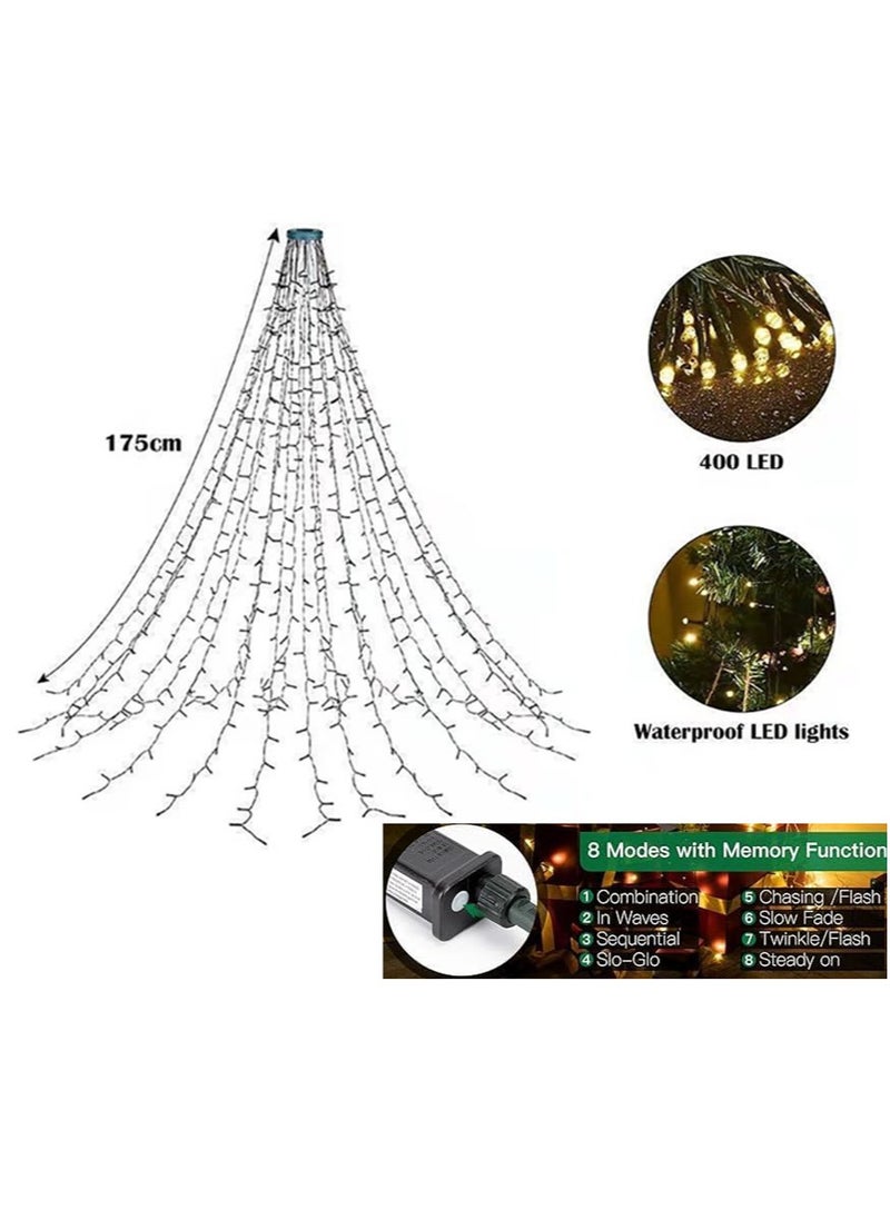 6.6FT Tree Lights with Ring 16 Strings 400 LEDs String Lights with 8 Models & Memory Function Waterproof Tree Lights for New Year Party Decoration Warm light