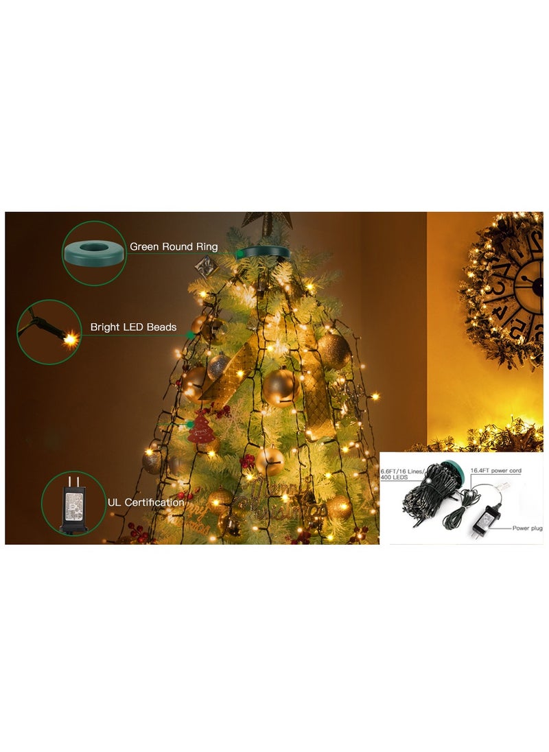 6.6FT Tree Lights with Ring 16 Strings 400 LEDs String Lights with 8 Models & Memory Function Waterproof Tree Lights for New Year Party Decoration Warm light