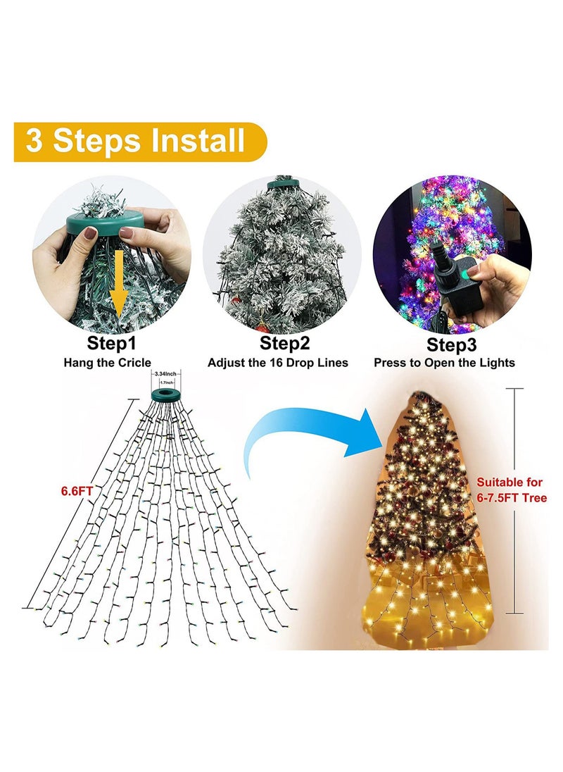 6.6FT Tree Lights with Ring 16 Strings 400 LEDs String Lights with 8 Models & Memory Function Waterproof Tree Lights for New Year Party Decoration Warm light