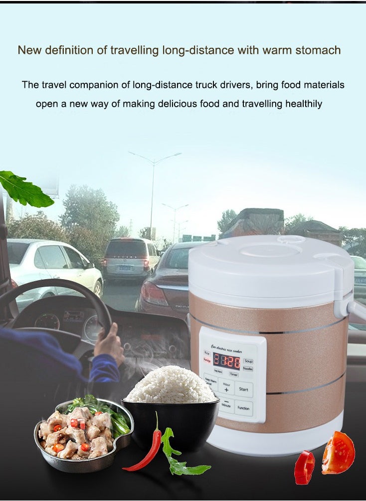 12V 24V Mini Car Rice Cooker 1.6L car trucks electric soup porridge cooking machine food steamer warmer fast heating lunch box(Gold)