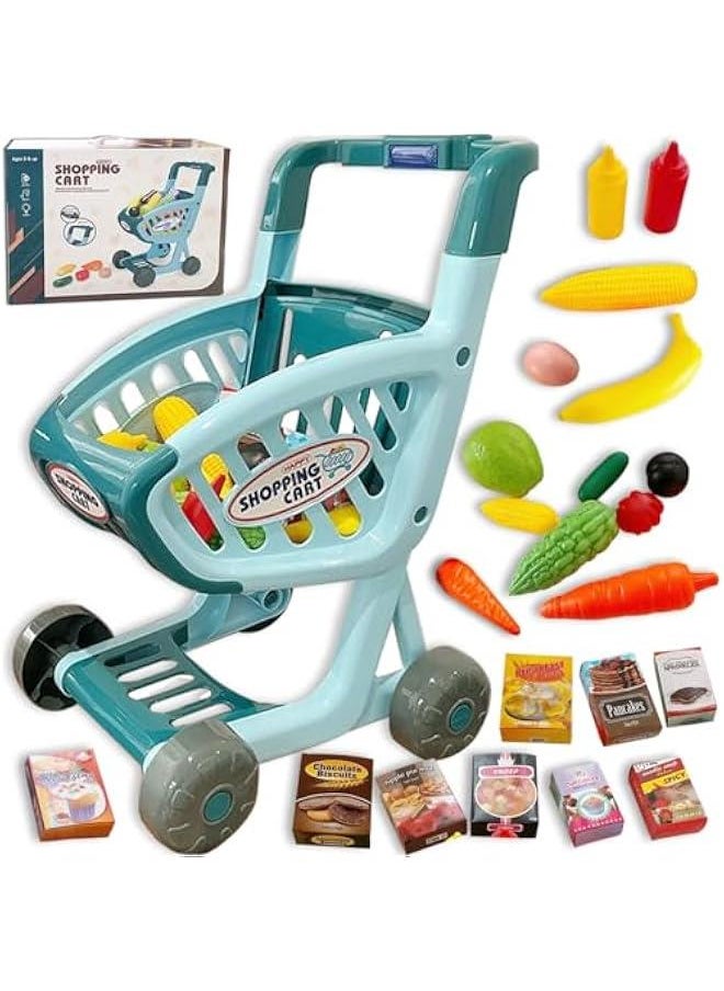 Kids Shopping Cart Trolley Play Set-Educational Toy Shopping Cart,Supermarket Playset with Grocery Food Fruit Vegetables Shop Pretend Food Accessories,Large Shopping Cart with Music and Light(Blue)