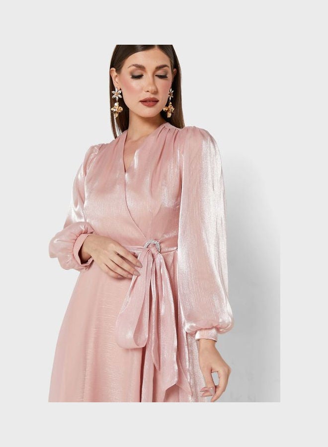 Tied Waist Cross Front Dress Pink