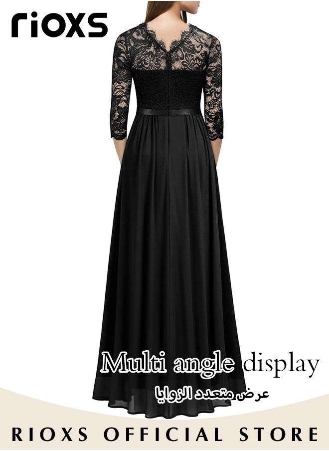 Women's Elegant Lace Long Dress 3/4 Sleeve Chiffon Party Wedding Maxi Dress Ladies Black Lace Slim Evening Cocktail Dresses For Special Occasions